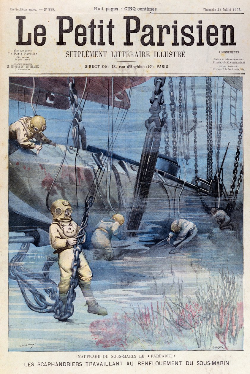 Plongeurs en haute mer tentant de relever le Farfadet, du Petit Parisien, 23 juillet 1905 - French School