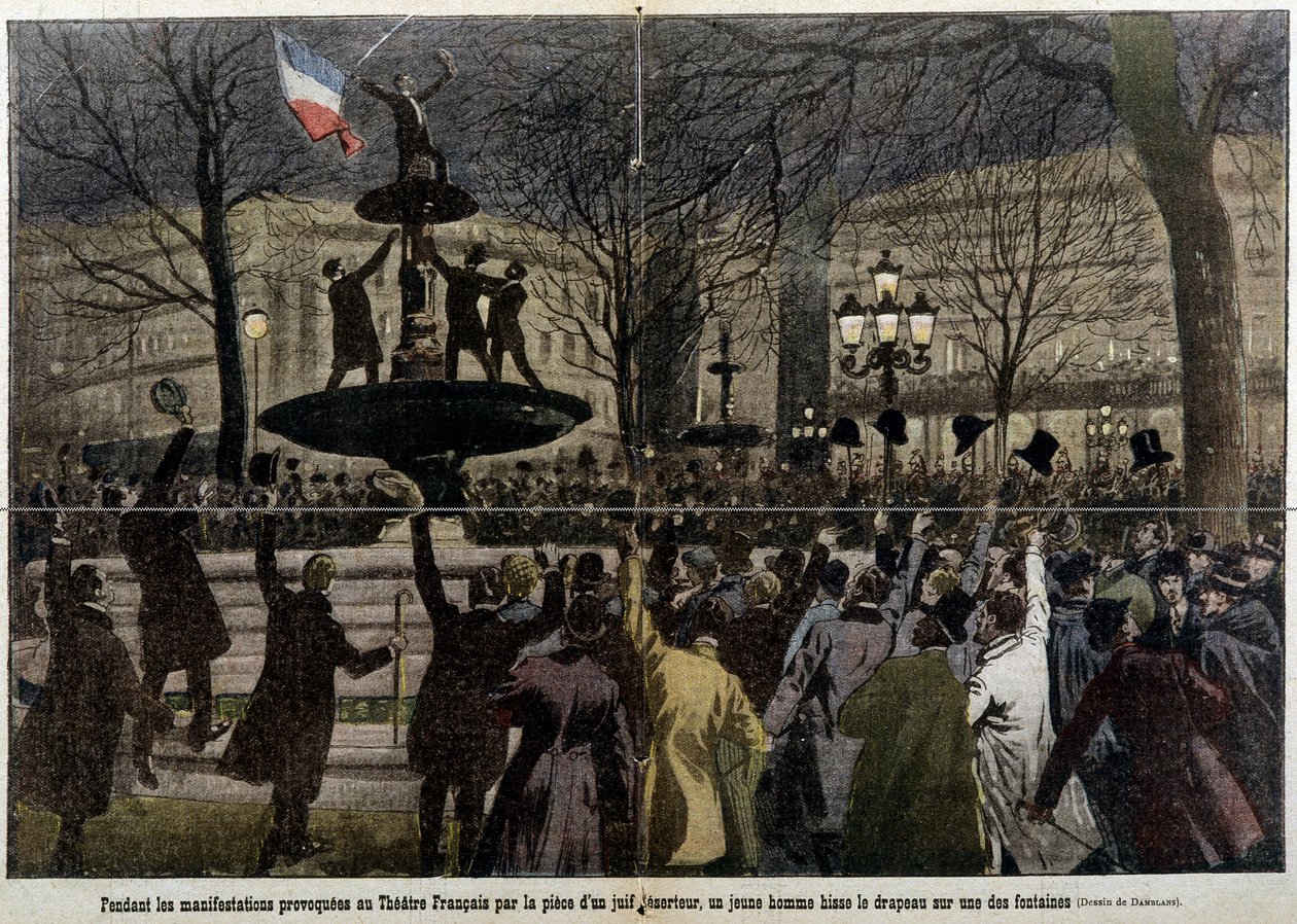 Manifestations devant le Théâtre Français provoquées par un déserteur juif, un jeune homme brandissant le drapeau français : le pèlerin - French School