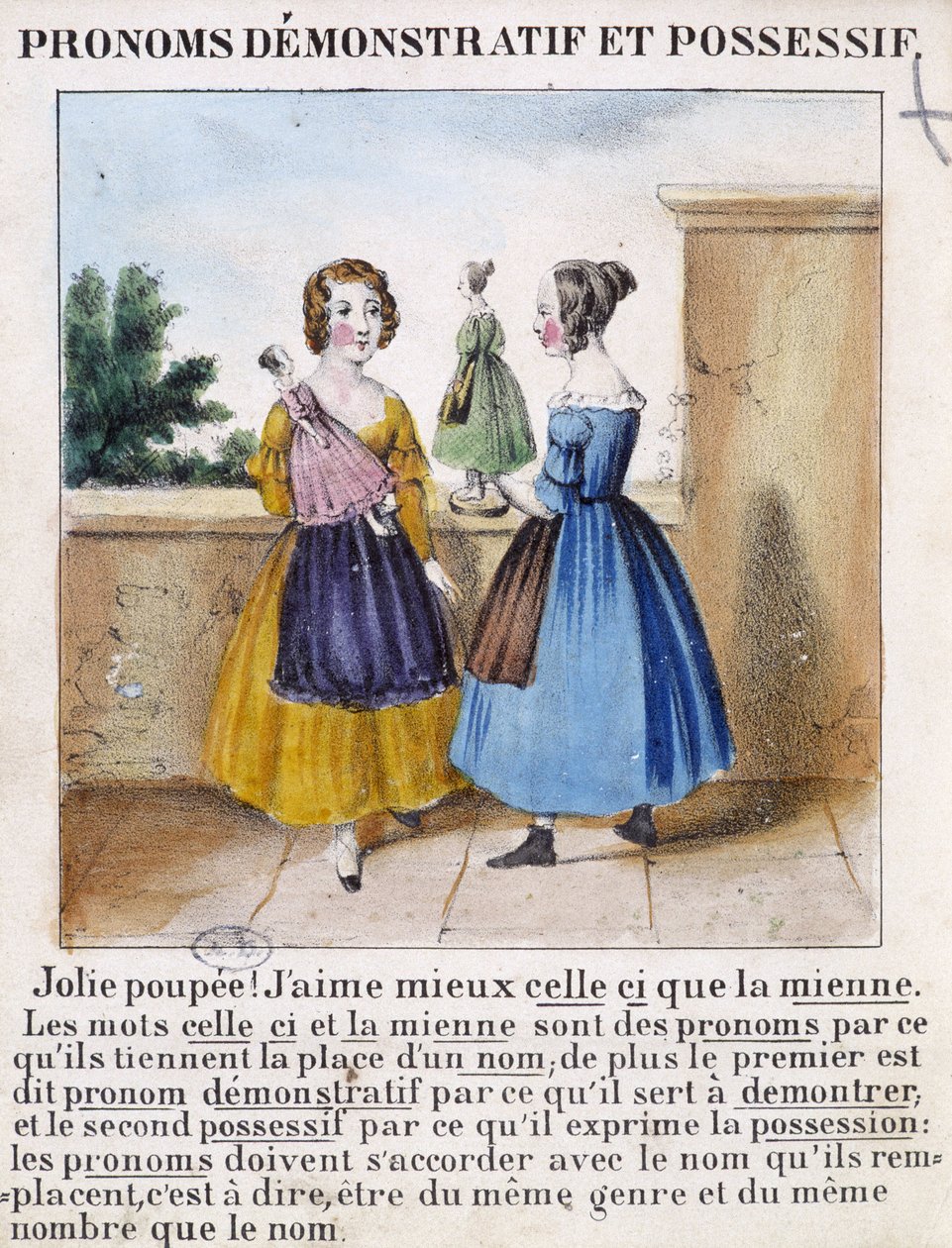 Pronoms démonstratifs et possessifs (2 filles jouant avec des poupées) - dans "La grammaire en images" - French School