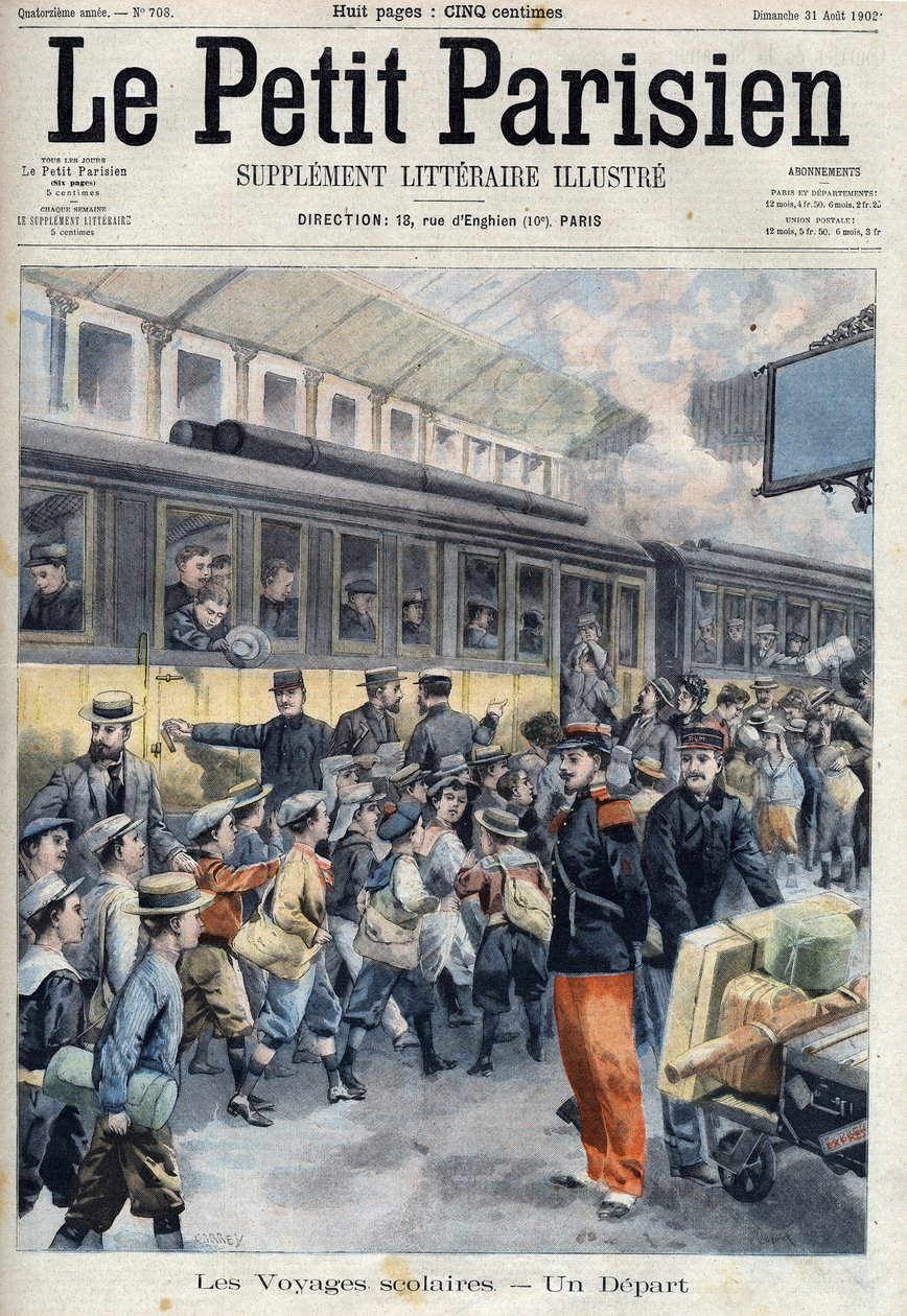 Départ à la gare pour une sortie scolaire. Les enfants montent dans le train, dans « Le Petit Parisien » - French School