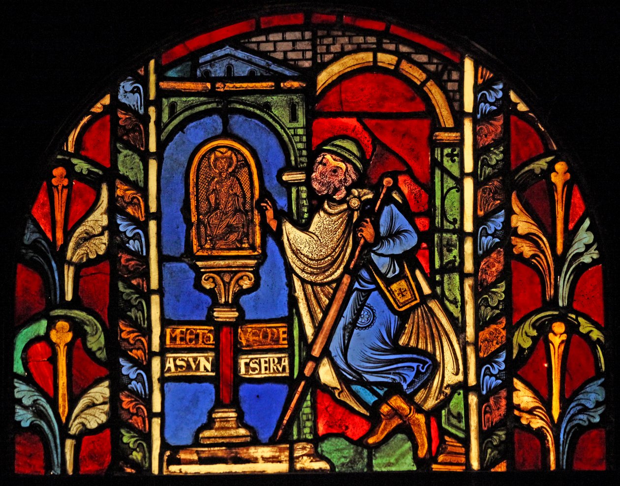 Une scène de la vie de Saint Nicolas, ex Cathédrale de Troyes: un emprunteur a perdu son argent et se rend à la statue de Saint Nicolas, qui supervise de telles affaires - French School