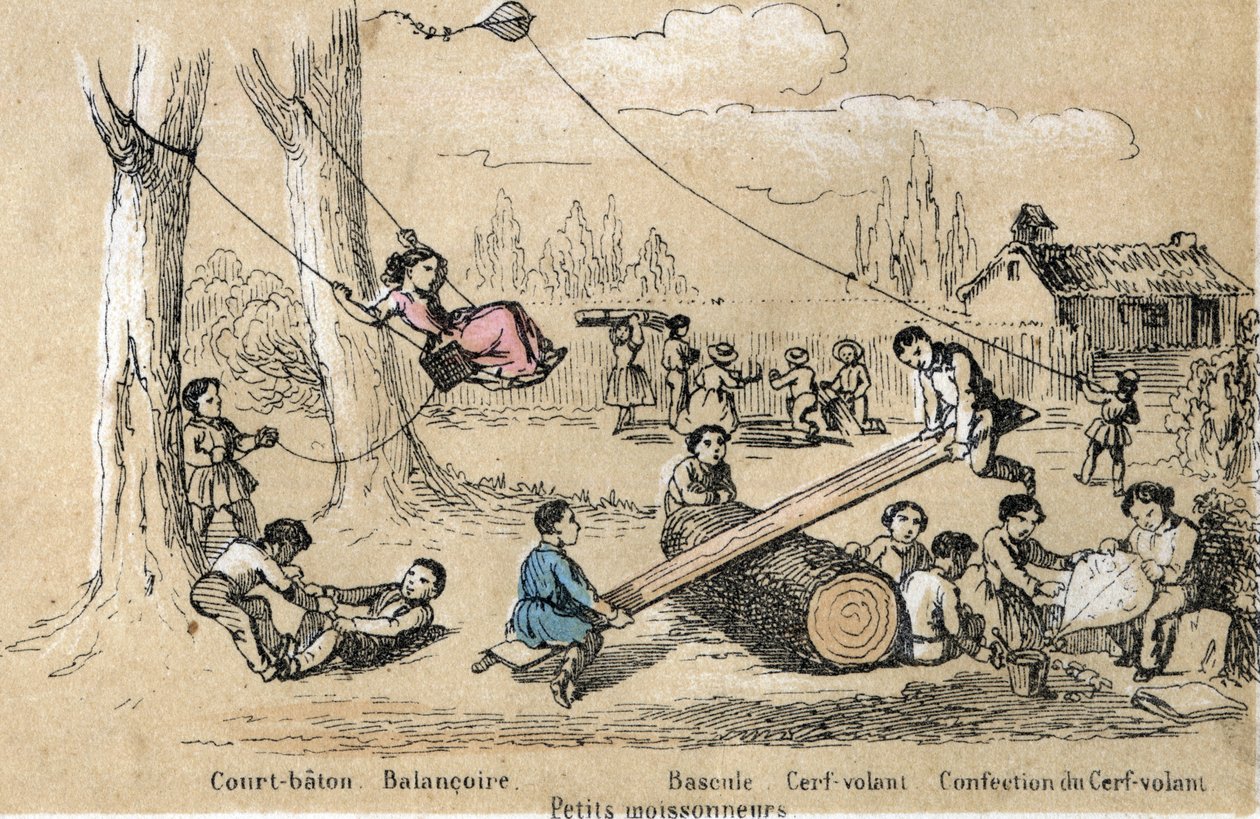 Description des loisirs et jeux des enfants : jeux en plein air, bâton court, balançoire, bascule (tapotement des fesses) et fabrication d