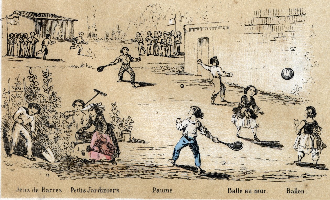 Les loisirs et jeux des enfants : jeux de balle et de ballon (balle au mur, jeu de paume) et jardinage. Planche « les jeux de l