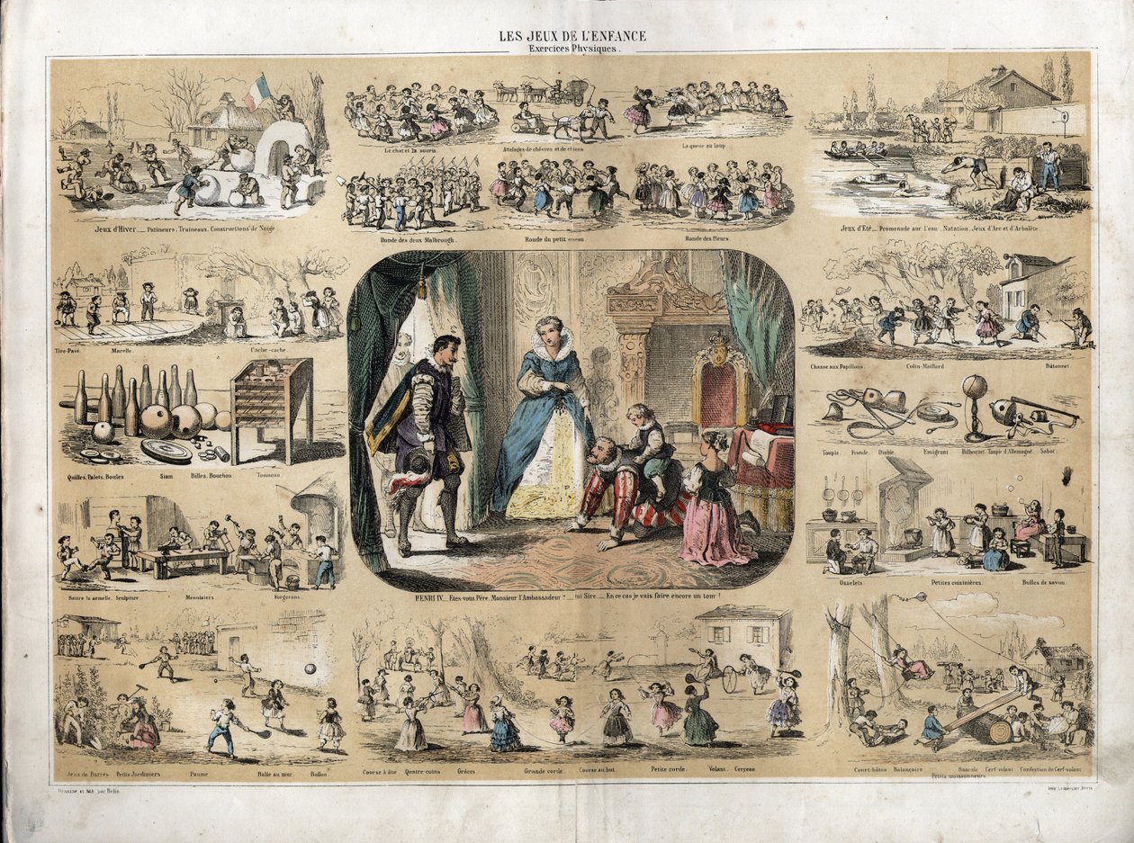 Les loisirs et jeux des enfants : au centre le roi Henri IV jouant avec ses enfants (probablement Louis XIII et Élisabeth de France) devant l