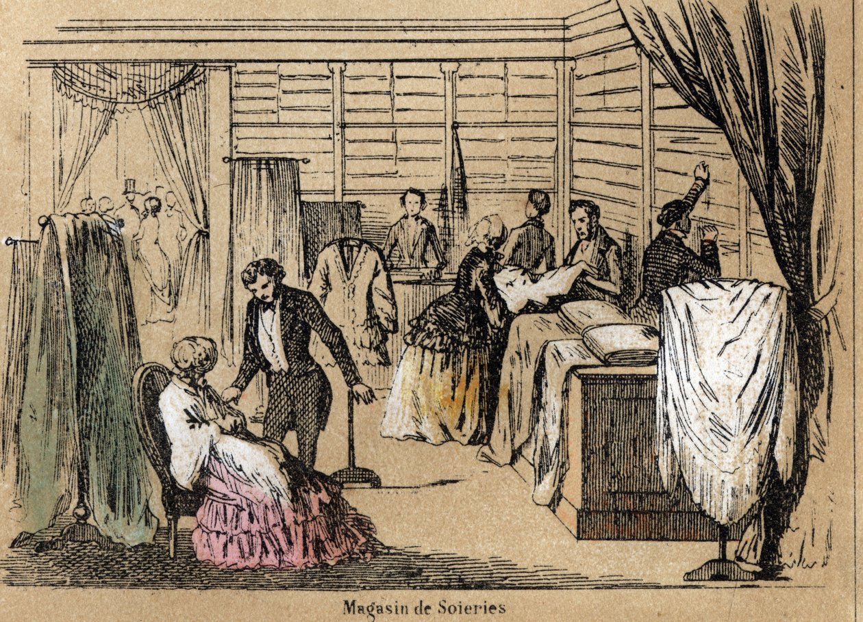 Description de la culture et des produits de la soie : une boutique de soie. Planche "La soie" dans "Les Récréations instructives" par Jules Delbruck - French School