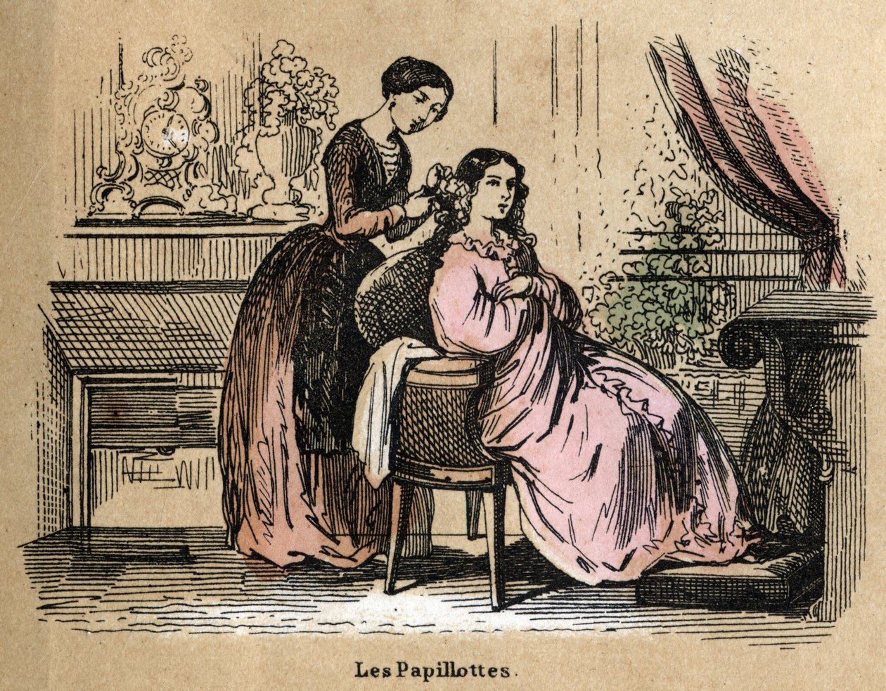 Description des différents produits et usages du papier : feuilles, morceaux de papier utilisés pour séparer les cheveux par les coiffeurs. Planche "Le papier et ses produits" dans "Les Récréations instructives" peinture synoptique de Jules Delbruck, gravu - French School