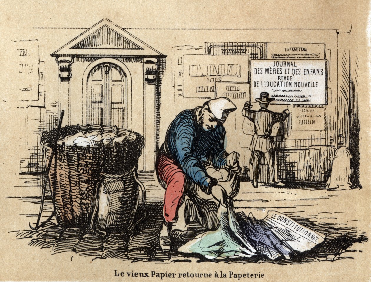 Description des divers produits et usages du papier : le vieux papier est ramassé pour redevenir chiffon. Planche "Le papier et ses produits" dans "Les Récréations instructives" par Jules Delbruck - French School