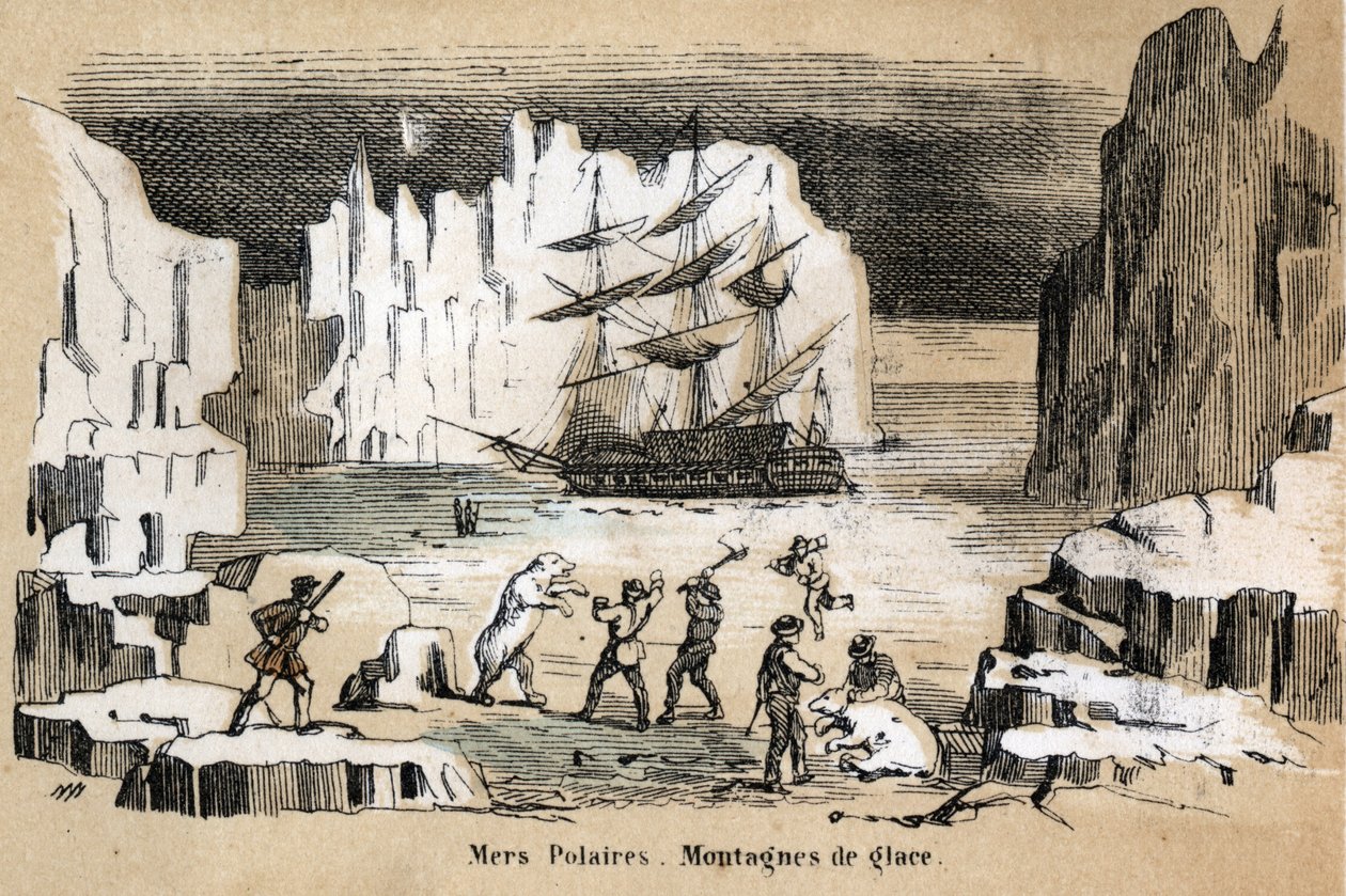 Description des différents types de paysages et reliefs selon la géographie : détail représentant un paysage arctique avec des ours polaires et des icebergs. Planche "Géographie physique" dans "Les Récréations instructives" par Jules Delbruck - French School