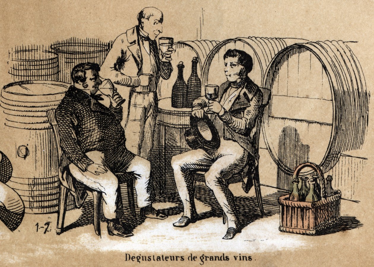 Description des cinq sens : détail du goût, les dégustateurs de vins fins savourant des verres dans une cave - French School