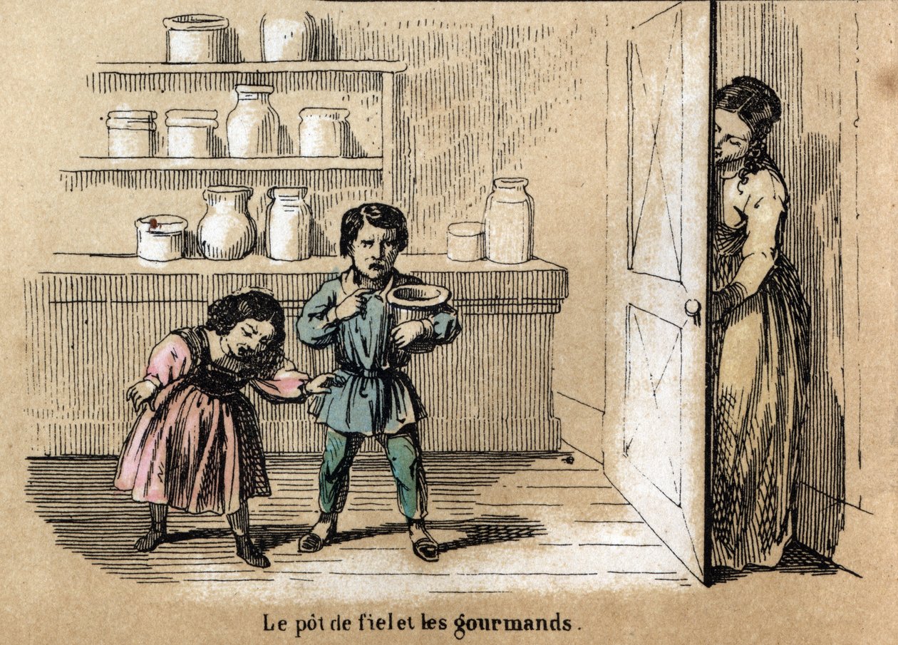 Description des cinq sens : détail du goût, deux enfants gourmands piégés par leur mère qui cache un pot au goût amer parmi les autres pots de sucre. Planche "Les cinq sens" dans "Les Récréations instructives" par Jules Delbruck - French School