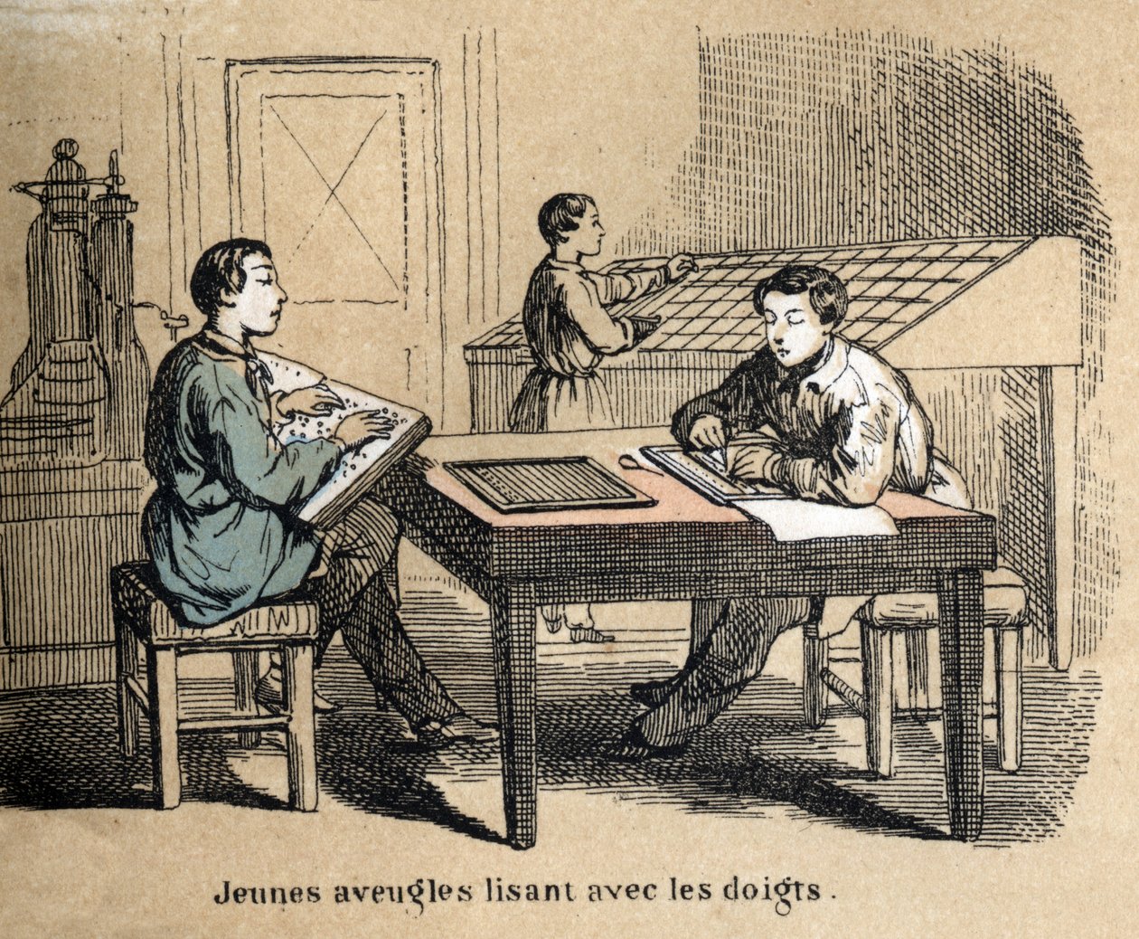 Description des cinq sens : détail du toucher, de jeunes garçons aveugles utilisent le toucher pour déchiffrer des textes grâce à l