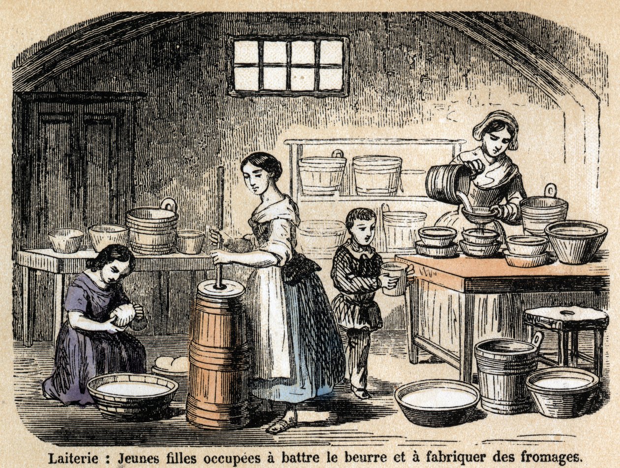 Description des divers métiers et produits du mouton : jeunes laitières fabriquant du beurre et des fromages dans une laiterie. Planche "Les moutons" dans "Les Récréations instructives" par Jules Delbruck - French School