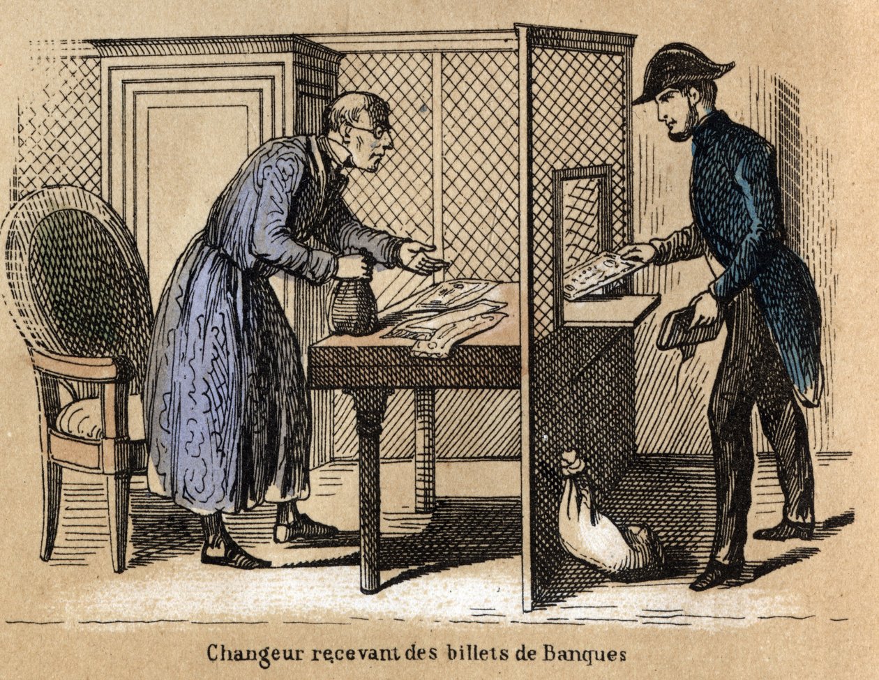 Description des différents produits et usages du papier : une transaction à la banque, un banquier reçoit des billets de banque en papier. Planche "Le papier et ses produits" dans "Les Récréations instructives" peinture synoptique de Jules Delbruck, gravur - French School