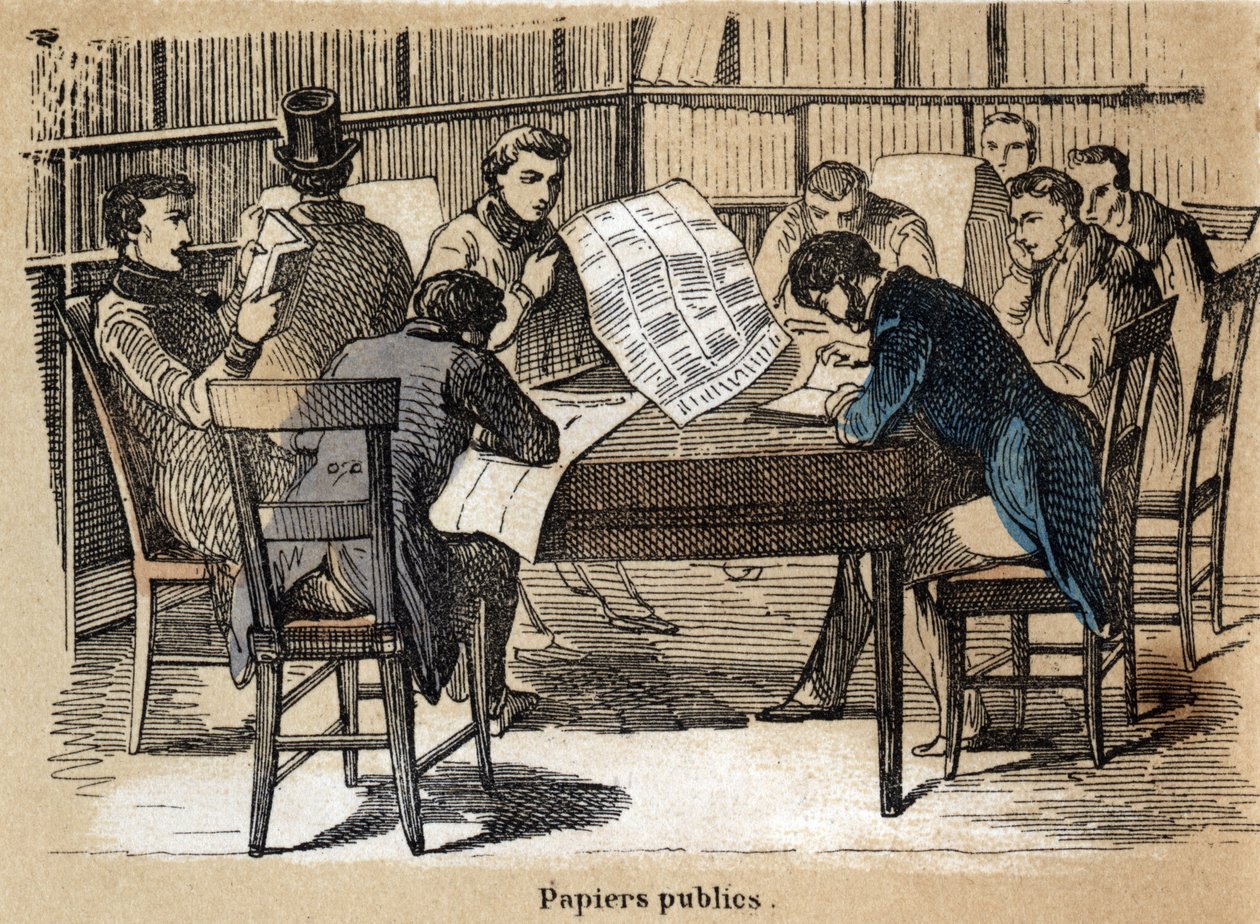 Description des différents produits et usages du papier : lecture de journaux publics. Planche "Le papier et ses produits" dans "Les Récréations instructives" peinture synoptique de Jules Delbruck, gravure de 1860. Collection privée. - French School