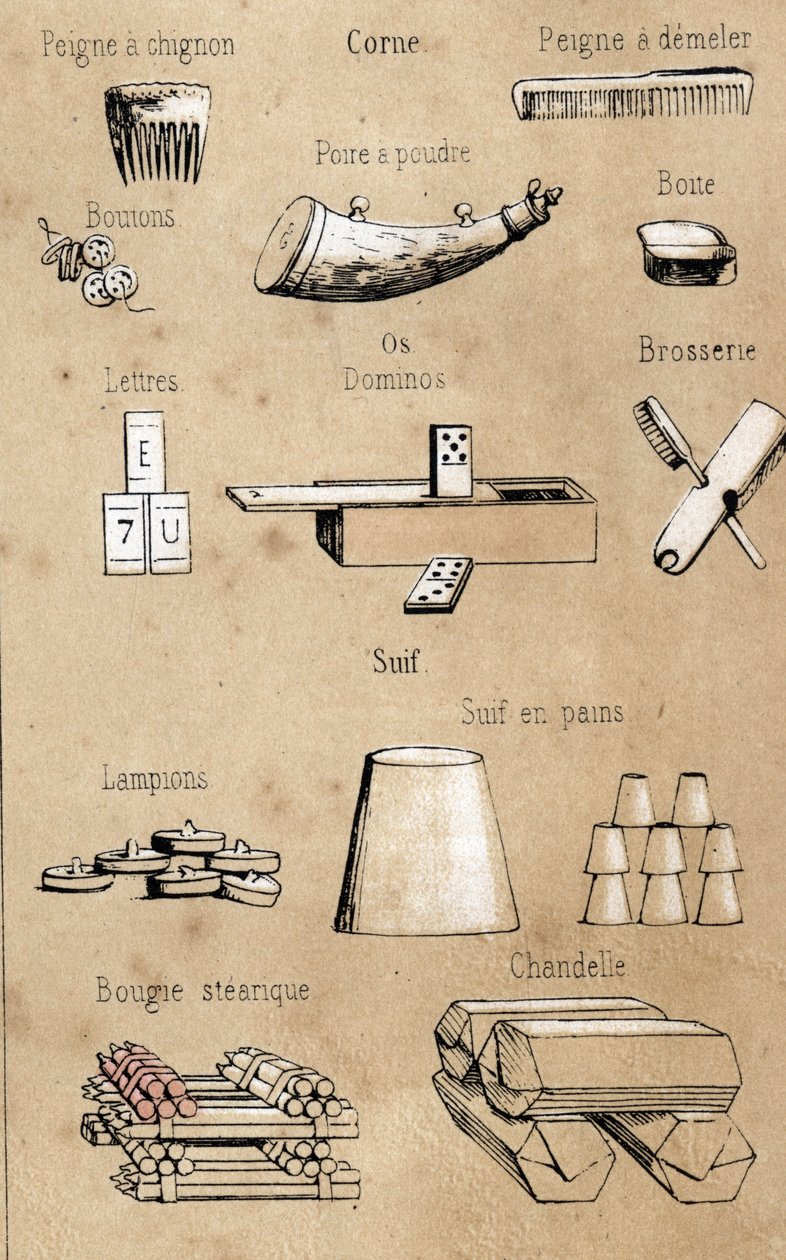Description des divers produits et usages de la vache : peignes, jeux et boîtes en corne et os, bougies. Planche "La vache et ses produits" dans "Les Récréations instructives" par Jules Delbruck - French School