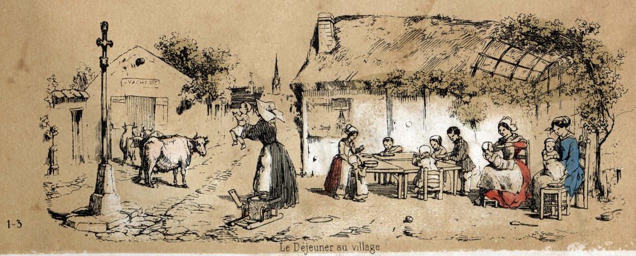Description des différents produits et usages de la vache : scène de la vie quotidienne dans un village. Planche "La vache et ses produits" dans "Les Récréations instructives" peinture synoptique de Jules Delbruck, gravure de 1860. Collection privée. - French School
