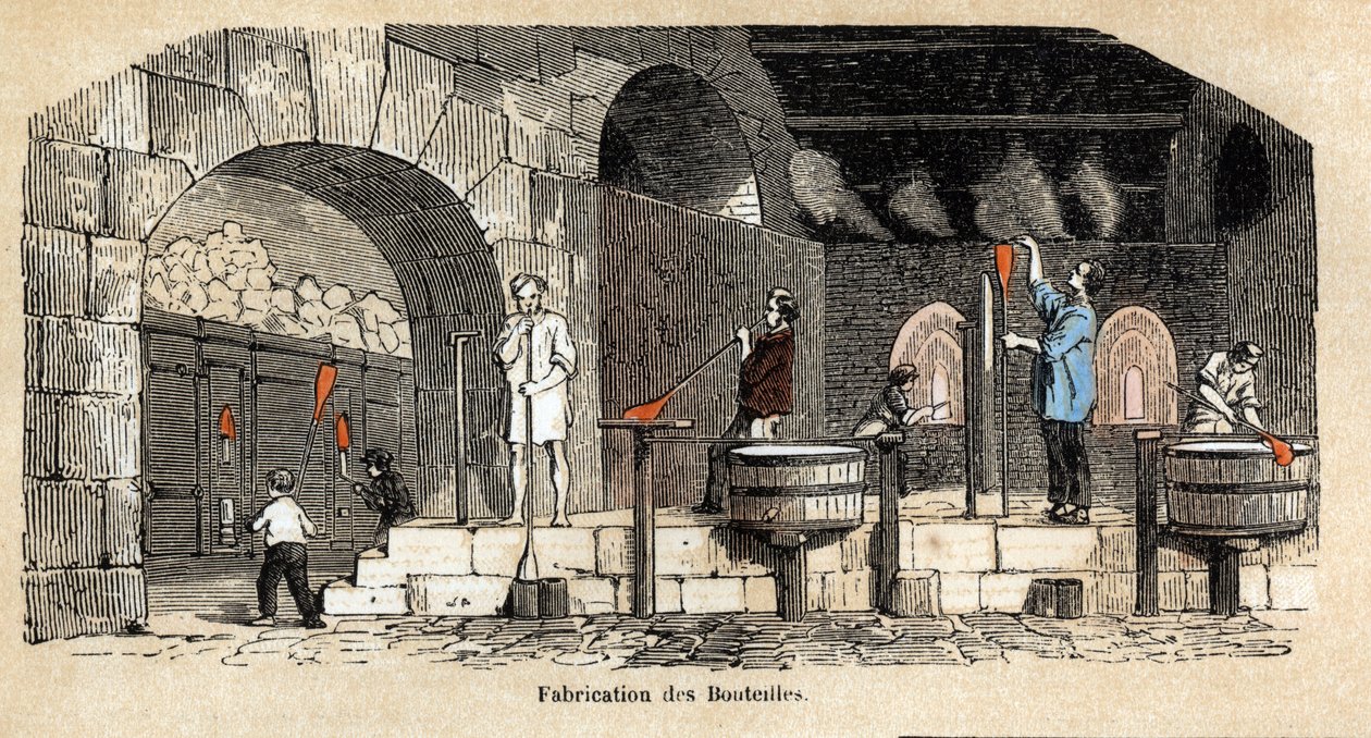 Description des diverses étapes de fabrication et usages du verre : la fabrication de bouteilles dans un atelier de souffleur de verre. Planche "Le verre et ses produits" dans "Les Récréations instructives" par Jules Delbruck - French School