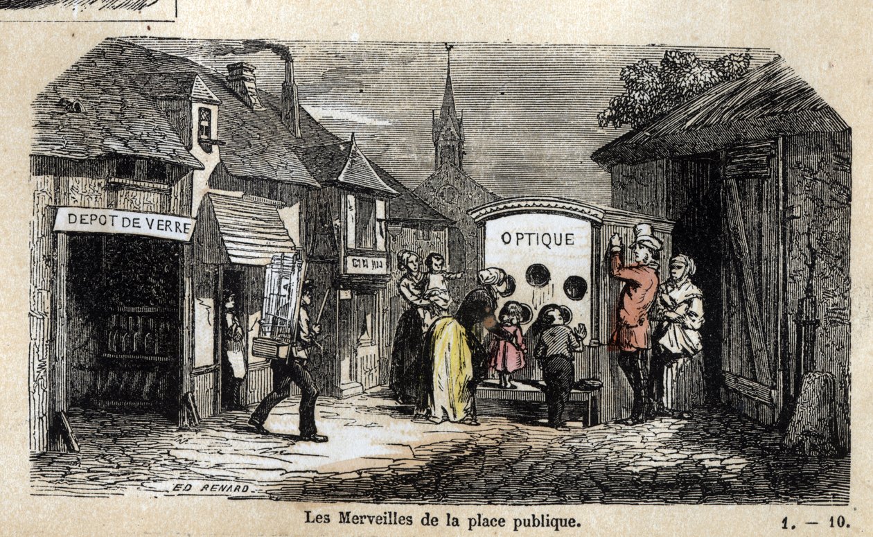 Description des diverses étapes de fabrication et usages du verre : les merveilles de la place publique, un illusionniste invitant les enfants à découvrir la magie des effets optiques. Planche "Le verre et ses produits" dans "Les récréations instructive - French School