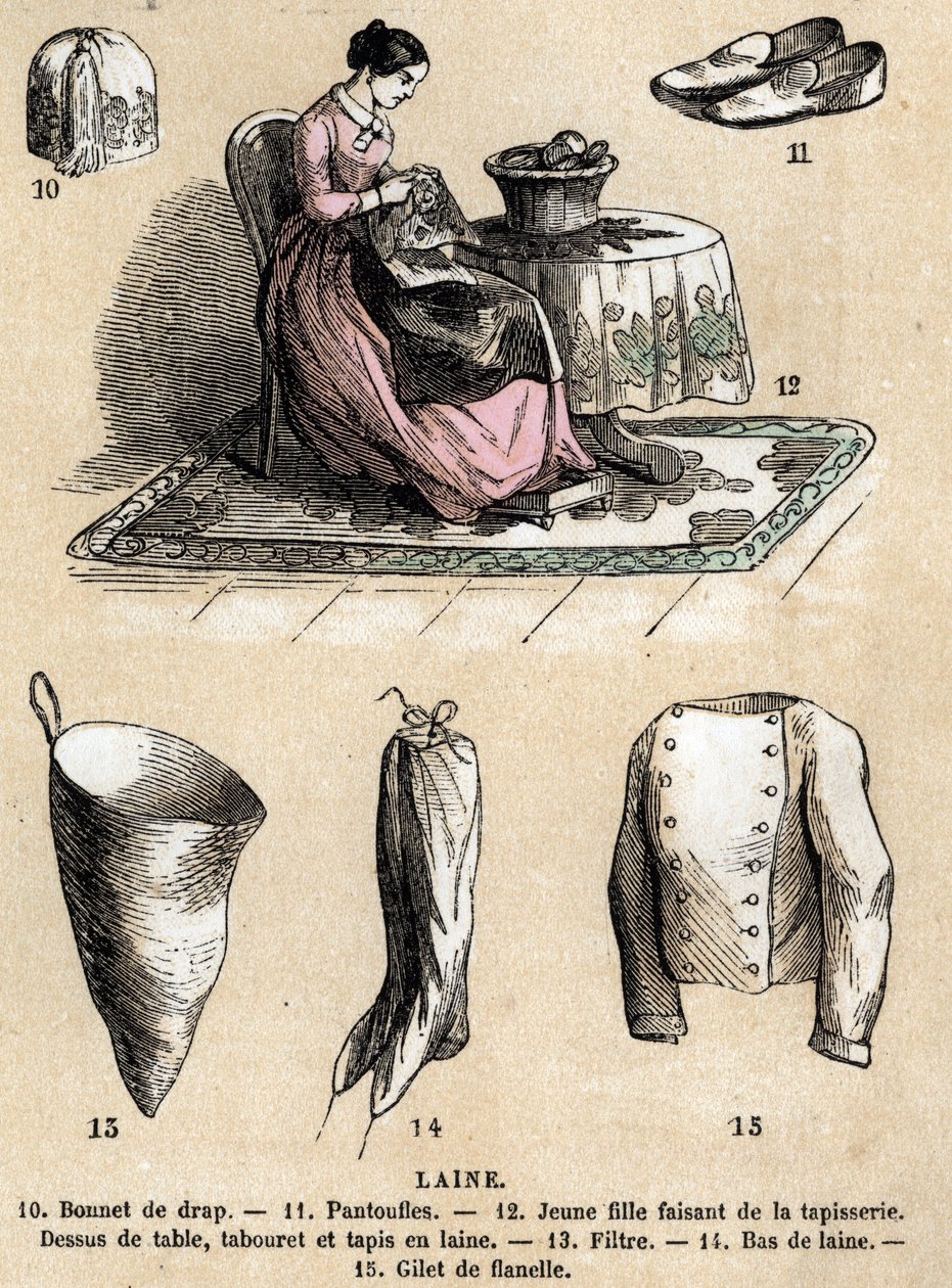 Description des divers usages et produits des moutons : produits en tapisserie et laine, chapeau, pantoufles, bas en laine, gilet en flanelle. Planche « Les moutons » dans « les Récréations instructives » - French School