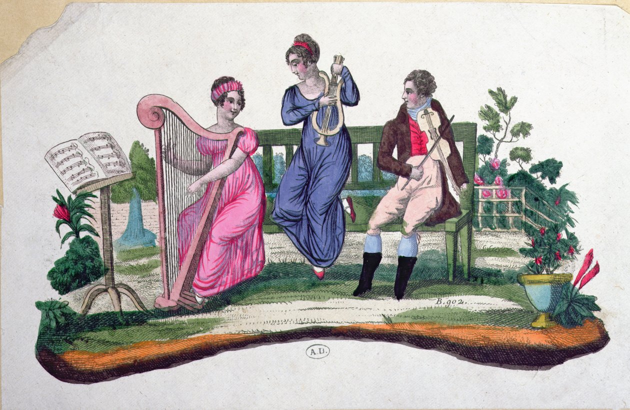 Conception pour un éventail représentant un concert en plein air, vers 1830 - French School