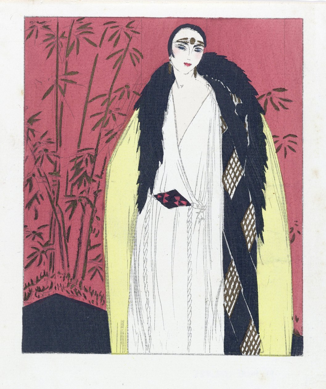 Modèle de robe du soir avec cape garnie de fourrure, pub. 1924 (impression pochoir) - French School