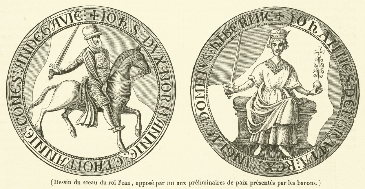 Dessin du sceau du roi Jean, appose par fut aux preliminaires de paix presentes par les barons (engraving) - French School