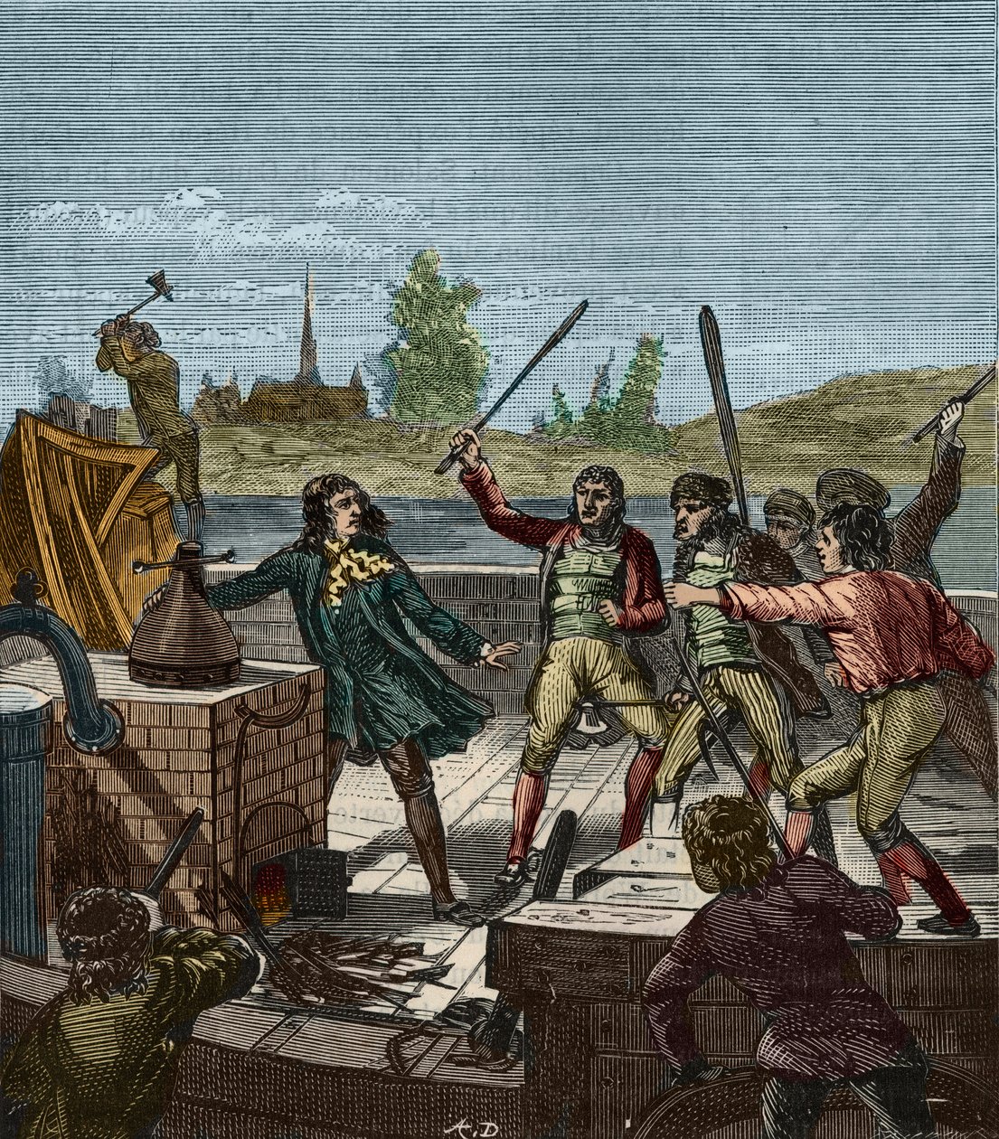 Destruction du bateau à vapeur de Papin - Denis Papin (1647-1712) regardant son bateau à aubes détruit par les bateliers de Münden en 1707 - Les Bateliers de Münden détruisent le bateau à vapeur de Denis Papin (1647-1712) - Gravure dans « Sciences à la por - French School