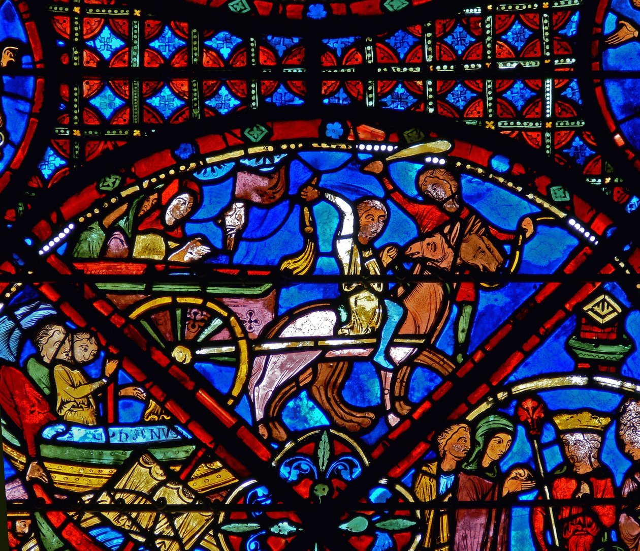 (détail) scènes de la vie de Saint Étienne : cheval et charrette - French School