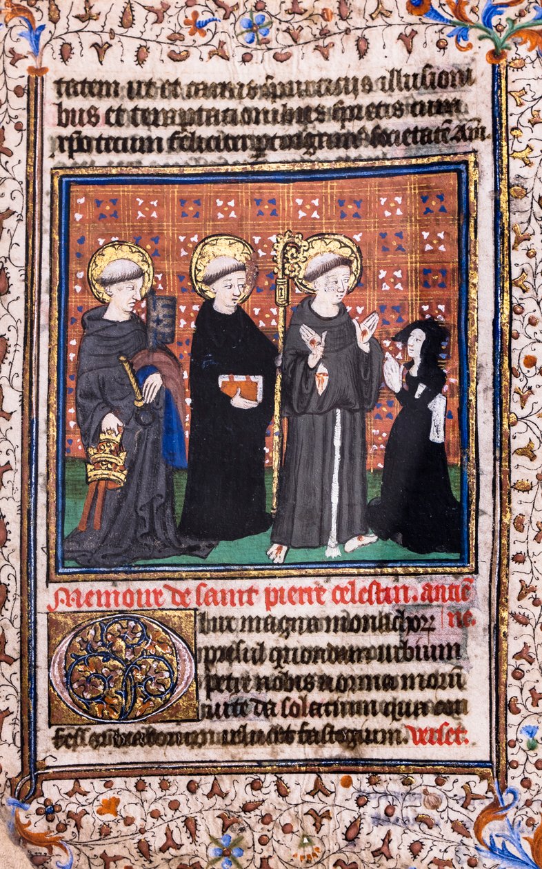 Dévot en prière devant saint Pierre Célestin, saint Benoît et saint François - French School