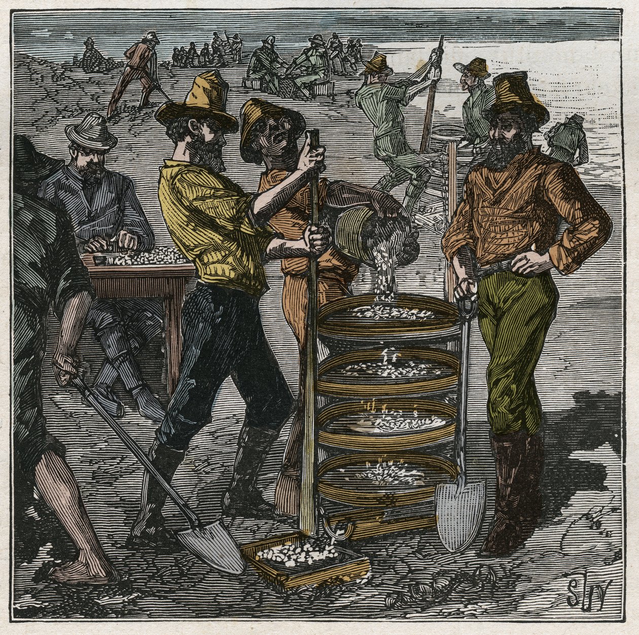 Lavage de diamants en Afrique du Sud au XIXe siècle. Gravure de 1885 dans « Les arts et métiers illustrés » par Adolphe Bitard. - French School