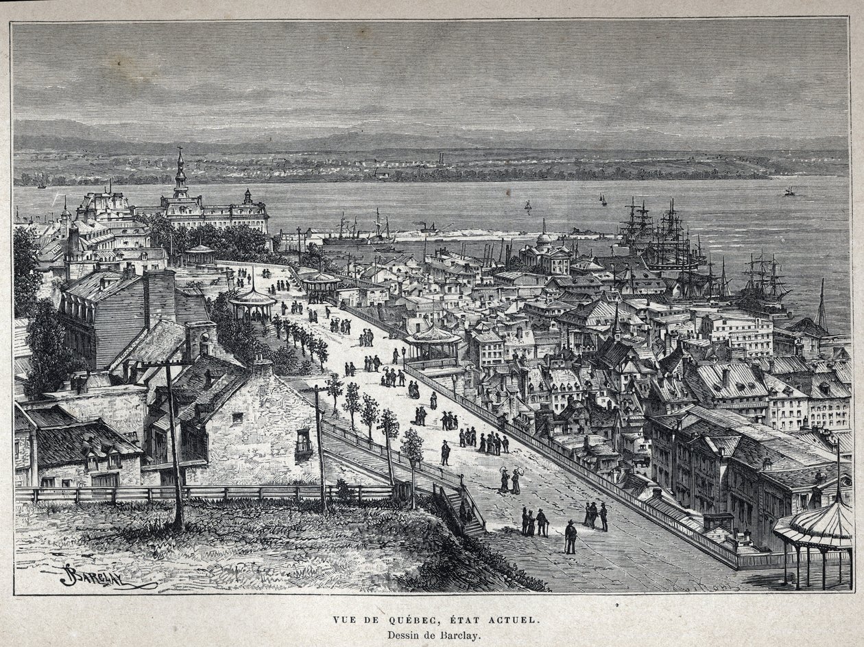 Découverte du Canada : vue de la ville de Québec à la fin du 19ème siècle. Dessin de Barclay. Gravure de la fin du 19ème siècle dans "La nouvelle France" d