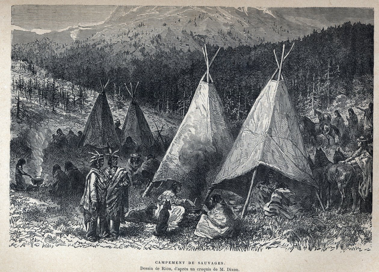 Camp indien américain avec tipis. Dessin de Riou d