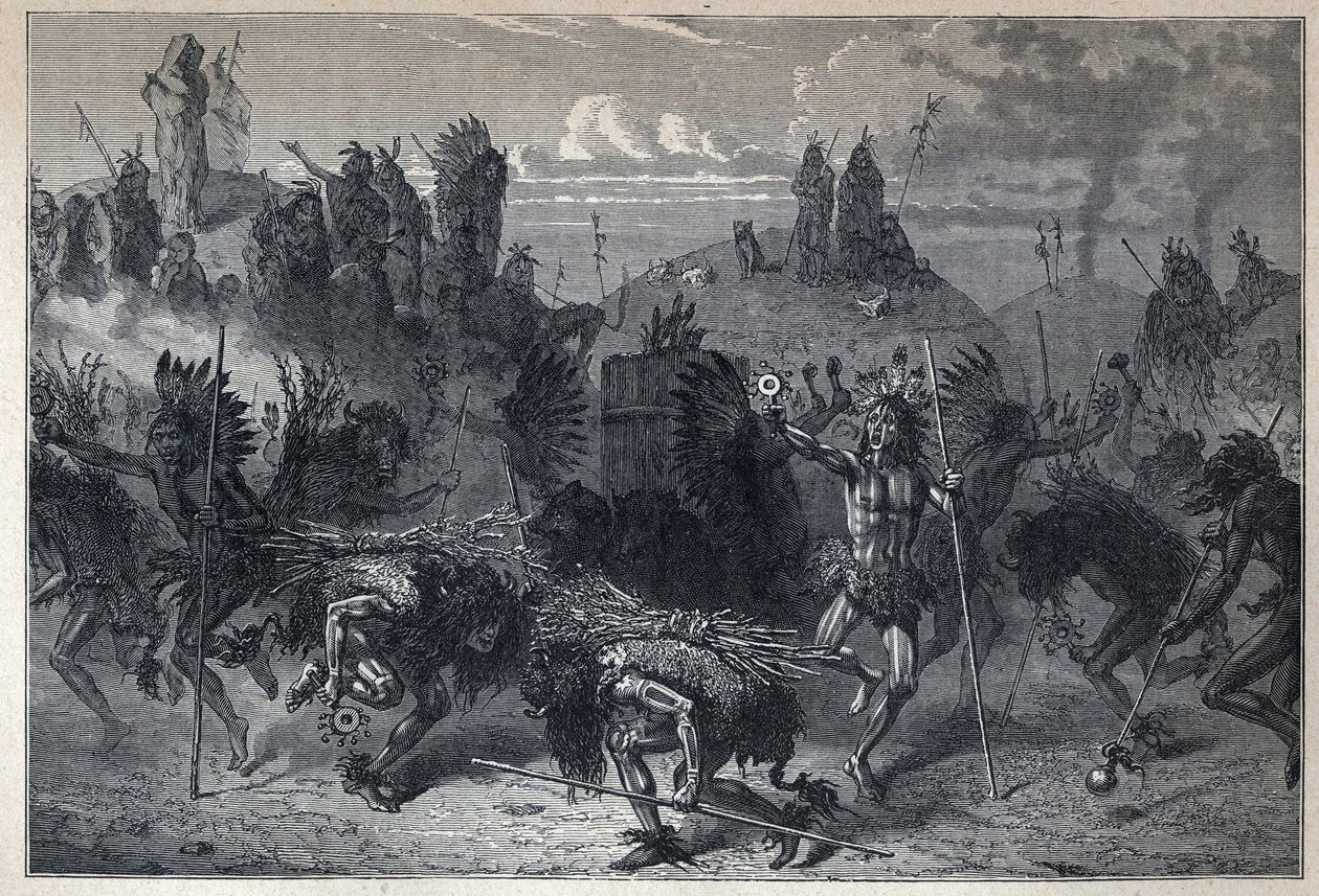 La danse du bison chez les Mandans. Gravure de la fin du XIXe siècle dans "La nouvelle France" par Eugène Guenin - French School