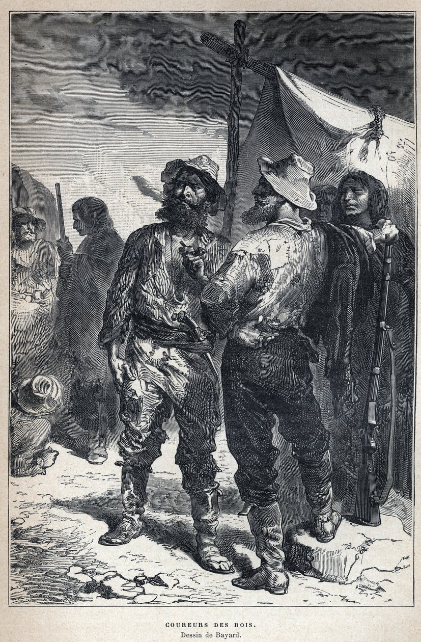 Découverte du Canada : coureur des bois (impliqué dans le commerce de fourrures avec les Amérindiens). Dessin de Bayard. Gravure de la fin du XIXe siècle dans « La nouvelle France » par Eugène Guénin. - French School