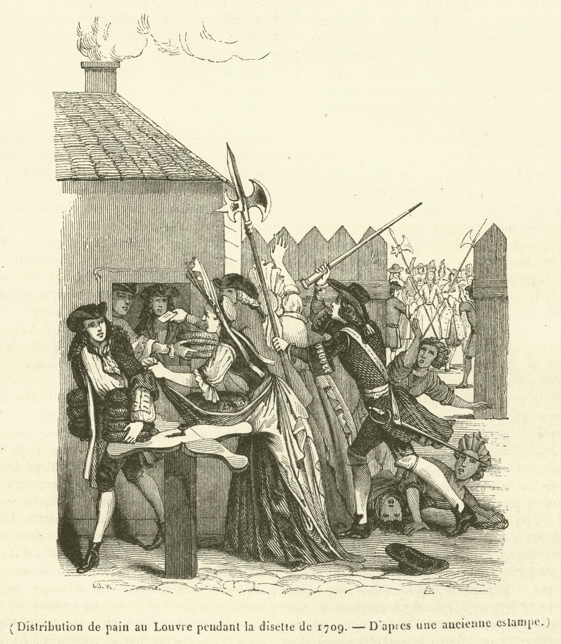 Distribution de pain au Louvre pendant la disette de 1709 (engraving) - French School