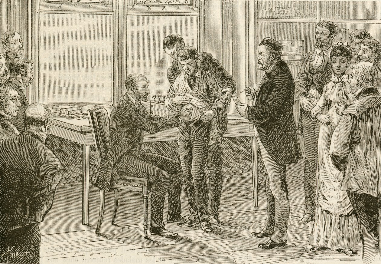 Le docteur Pasteur examinant un garçon infecté par la rage (gravure du XIXe siècle) - French School