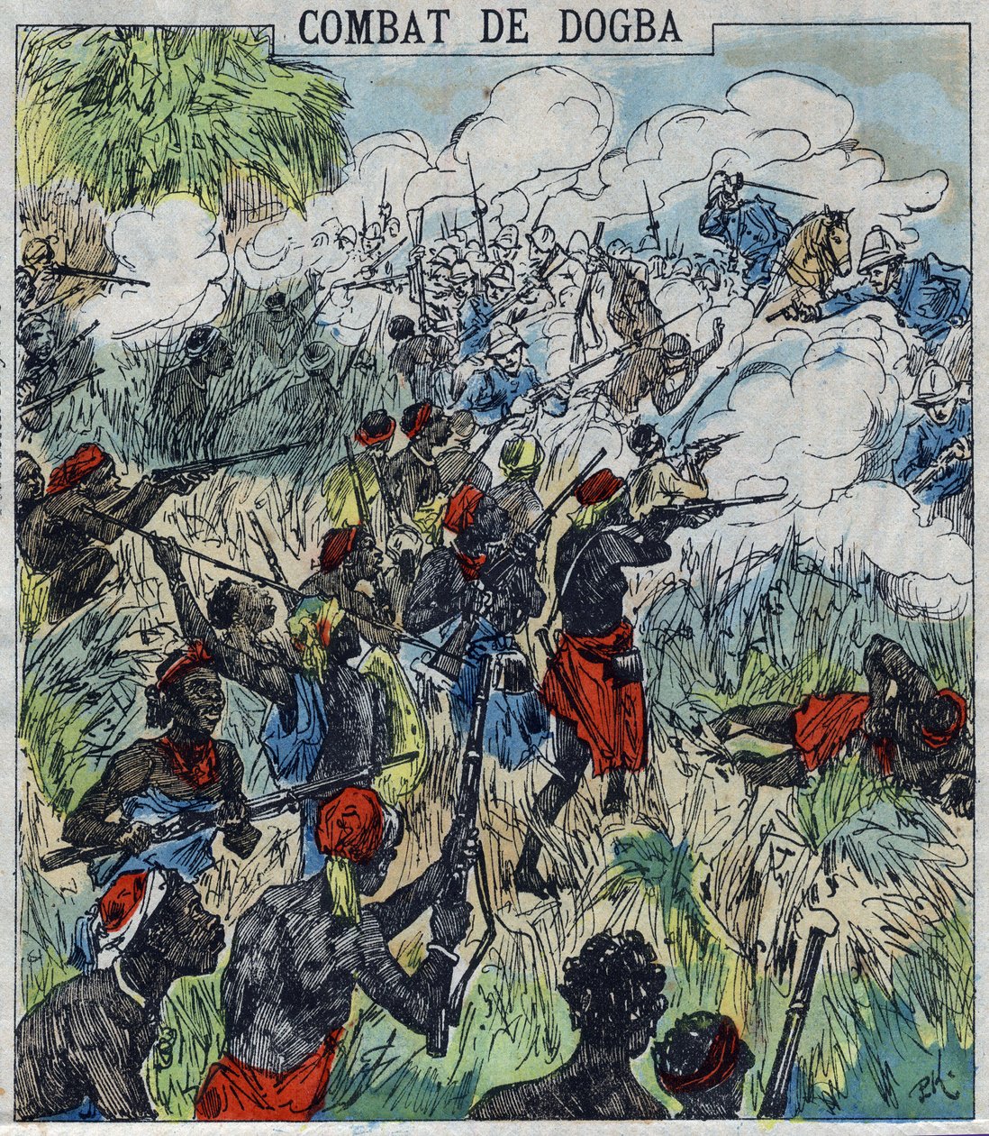 Bataille de Dogba entre la force expéditionnaire du Général Dodds et les troupes de Béhanzin. Dahomey - French School
