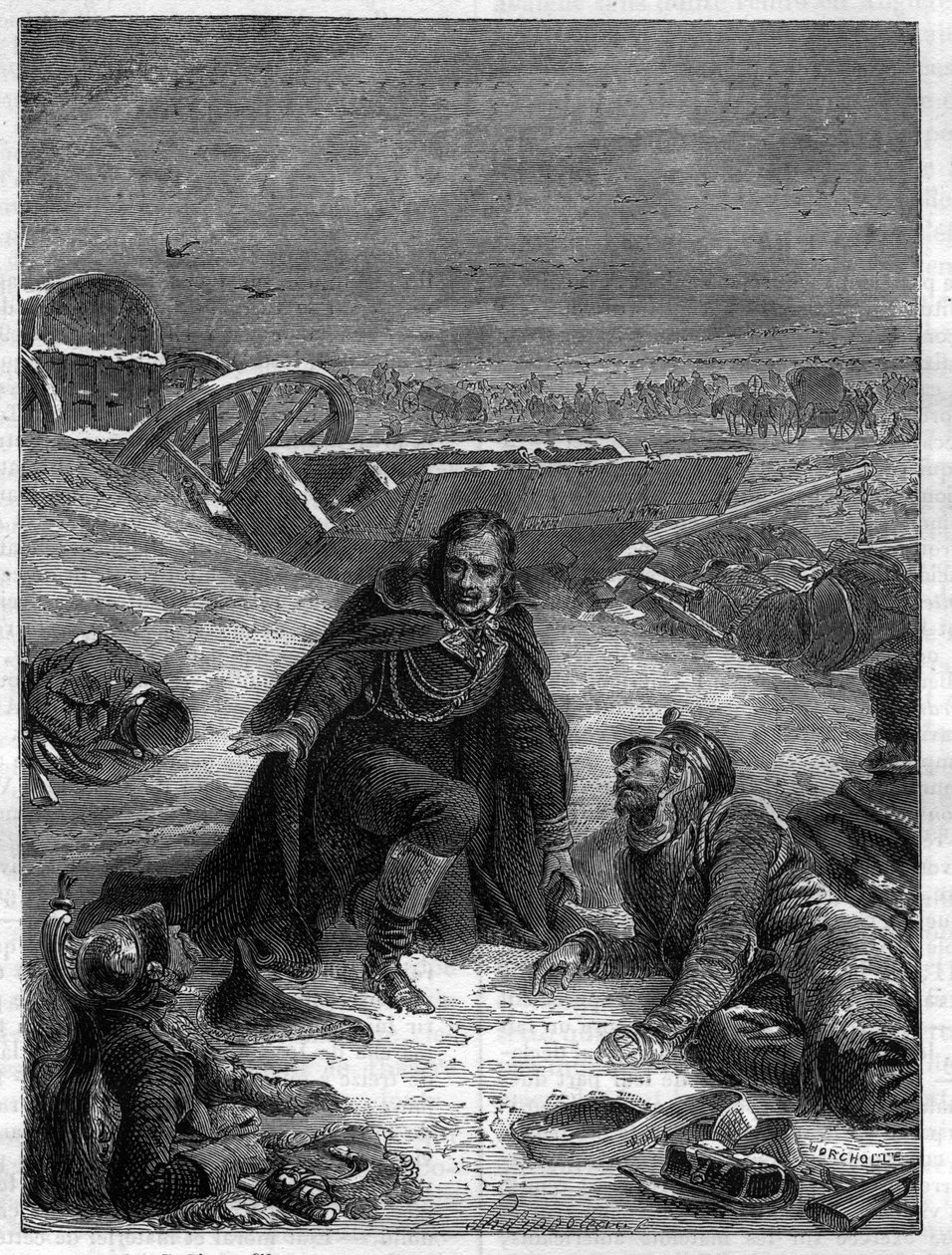 Dominique-Jean Larrey (1766-1842) - Baron Dominique Jean Larrey soignant des blessés sur un champ de bataille hivernal - dans "Histoire de l