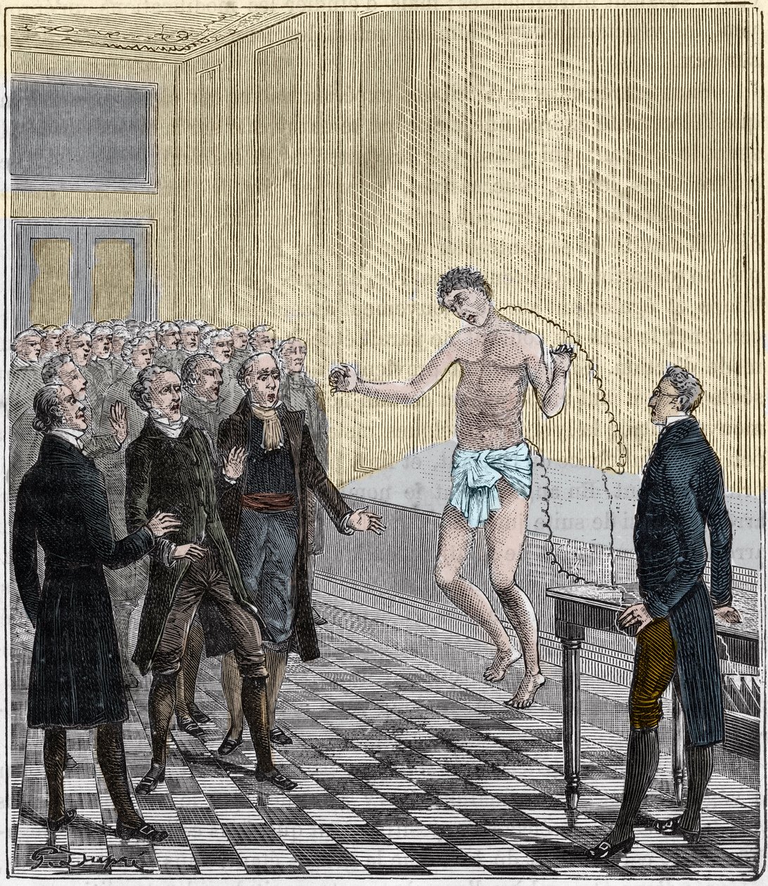 Le Dr Andrew Ure menant des expériences voltaïques sur le corps du meurtrier exécuté, Clydesdale, en 1818 - Expérience par Andrew Ure (1778-1857) sur un cadavre - Gravure dans « Les sciences mises à la portée de tous - physique et chimie » par Alexis Clerc - French School