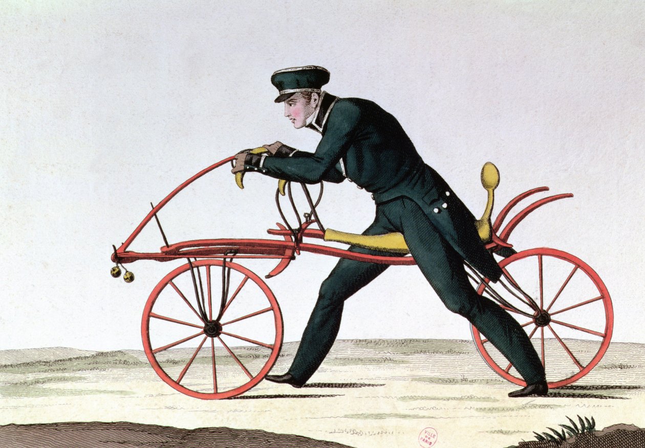 Draisienne, ancêtre de la bicyclette, inventée en 1816 par le baron Karl von Drais, 1820 - French School