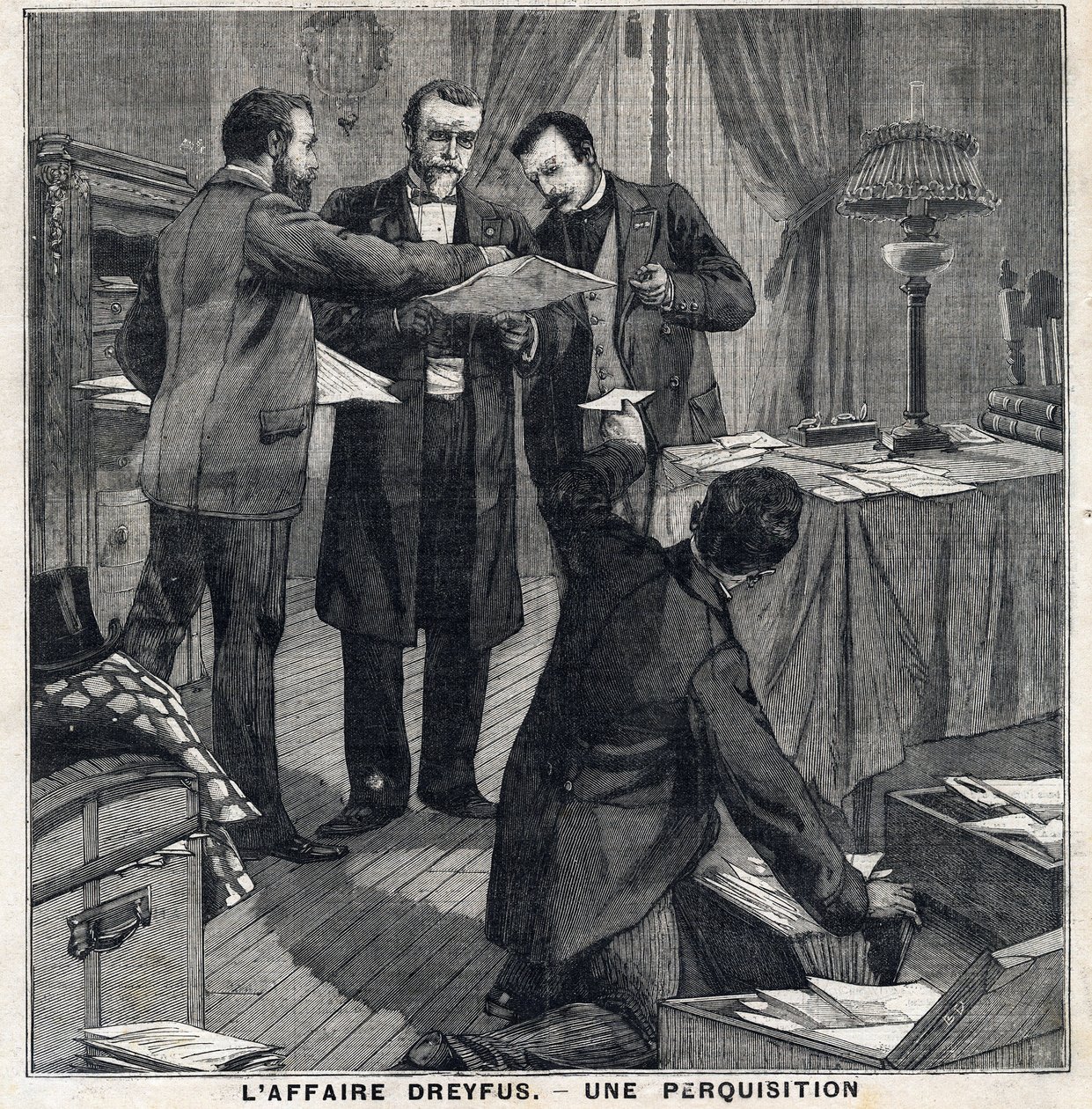 Affaire Dreyfus : Trois officiers en civil et un commissaire de police perquisitionnent le domicile de Georges Picquart (1854-1914). Dans « Le Petit Parisien » le 5/12/1897. Collection privée - French School