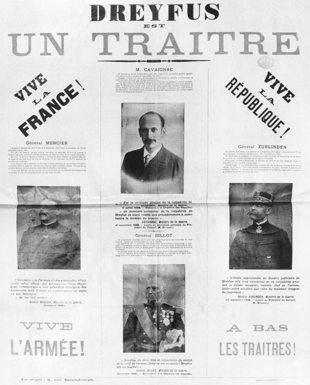 Dreyfus est un traître, affiche avec les portraits de ses détracteurs ...