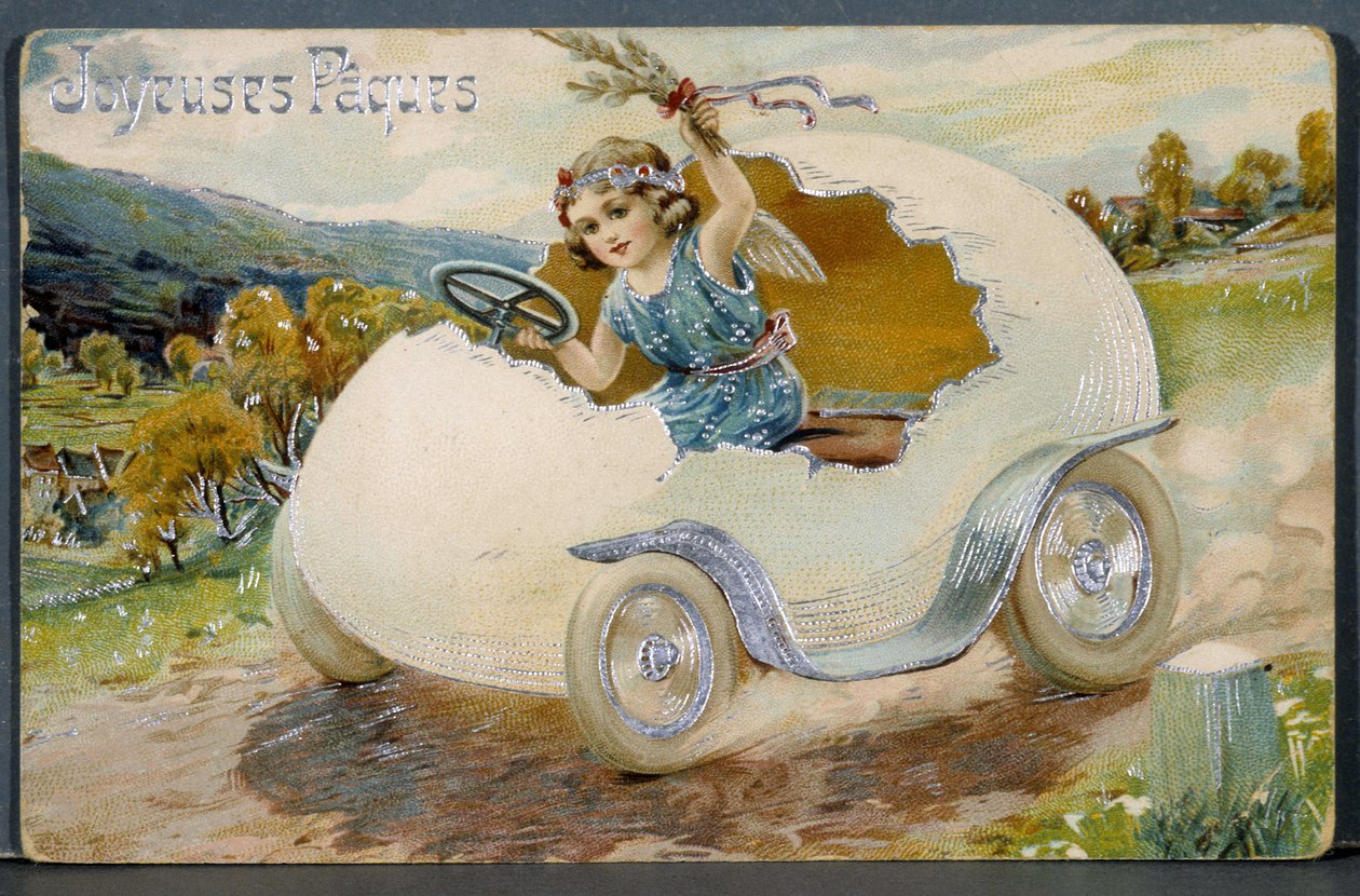 Carte de vœux de Pâques représentant un petit ange assis sur une coquille d