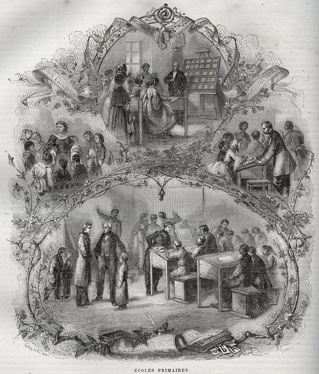 Écoles primaires en France au 19ème siècle - gravure dans - Nouvelle Encyclopédie Nationale par Maurice La Charest - 1870 - French School