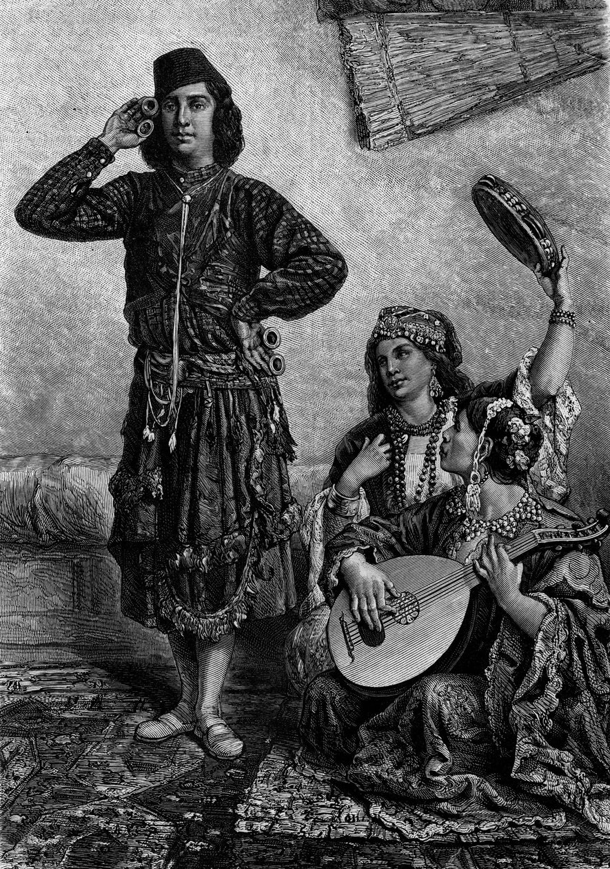 Musiciens et danseurs égyptiens. Un homme tient des cymbales entre ses doigts. Gravure dans « Le Journal de la jeunesse » - French School