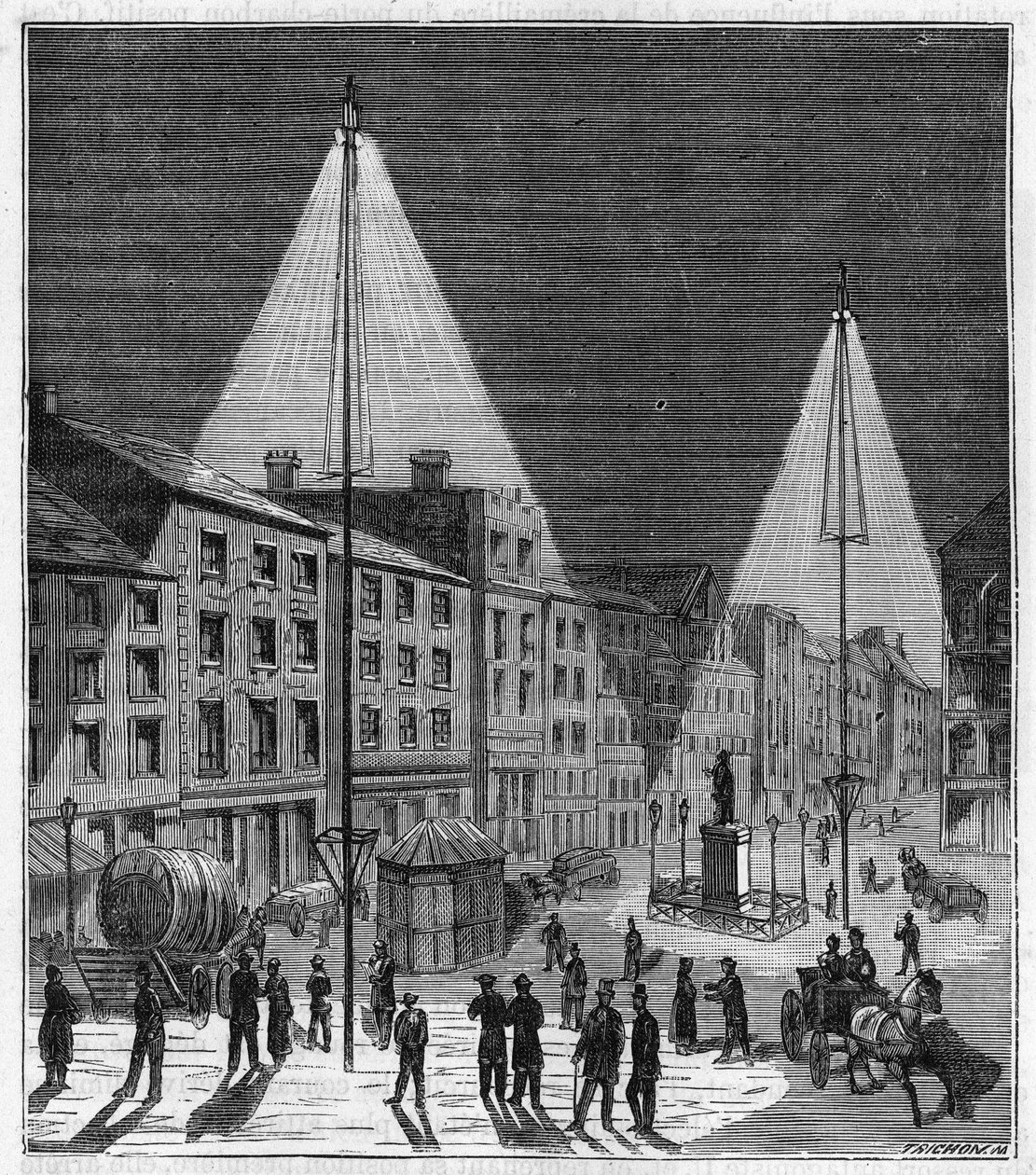 Éclairage électrique de la ville de Norwich en Angleterre au 19e siècle - gravure dans "Sciences à la portée de tous - physique et chimie populaires" par Alexis Clerc - fin du 19e siècle - French School