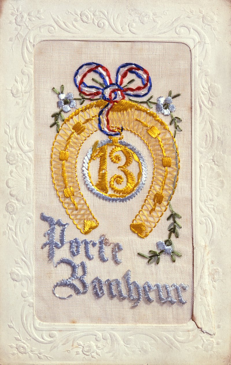 Carte postale brodée représentant des porte-bonheur, avant 1914 - French School