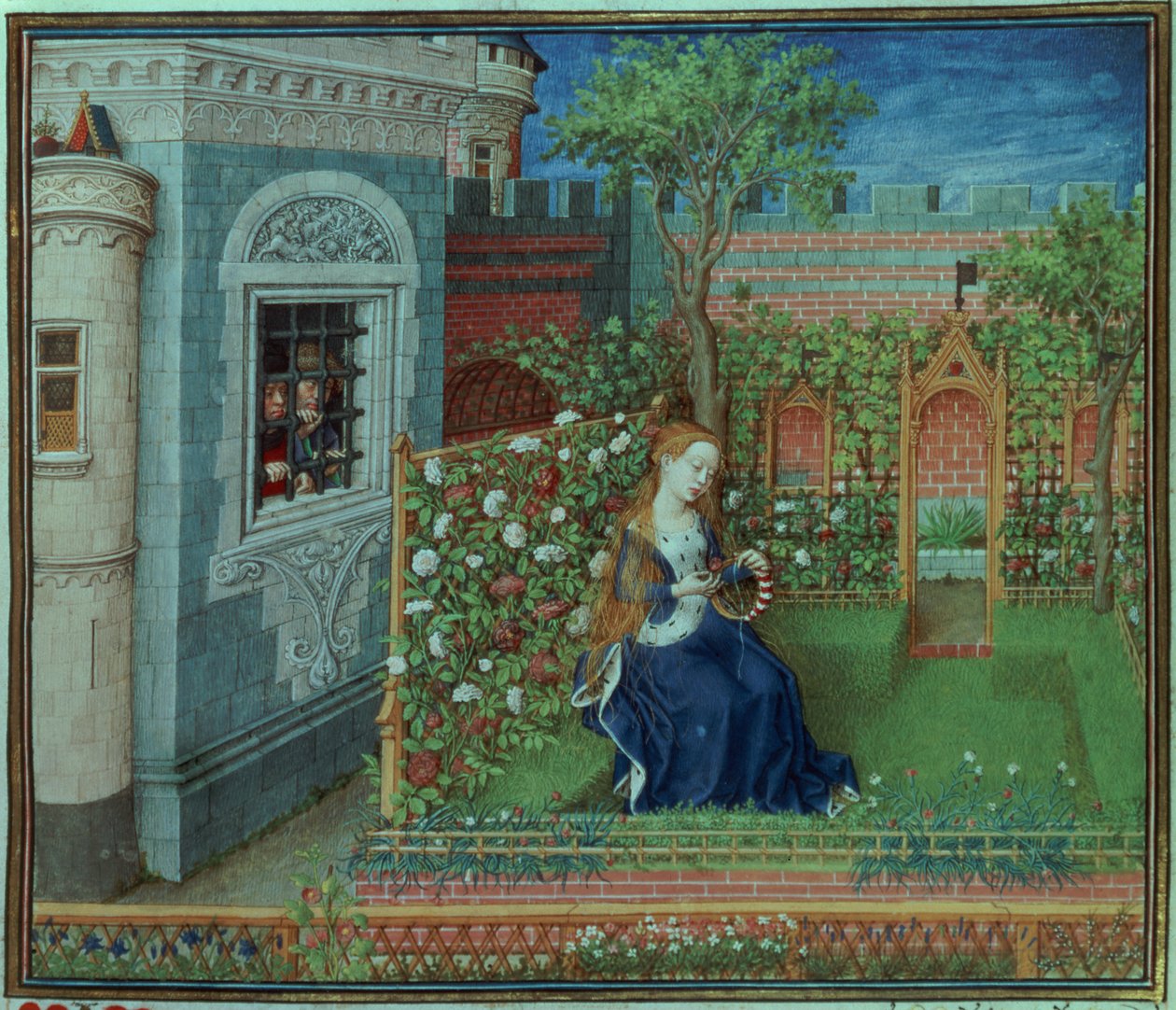 Émelye dans son jardin. Les chevaliers emprisonnés Palamon et Arcite, des Heures du Duc de Bourgogne - French School