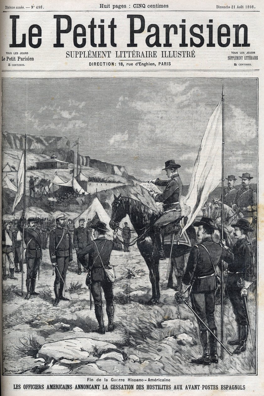 Fin de la guerre hispano-américaine en 1898. Officiers américains annonçant la cessation des hostilités aux avant-postes espagnols. Gravure dans « Le Petit Parisien » de 1898. - French School