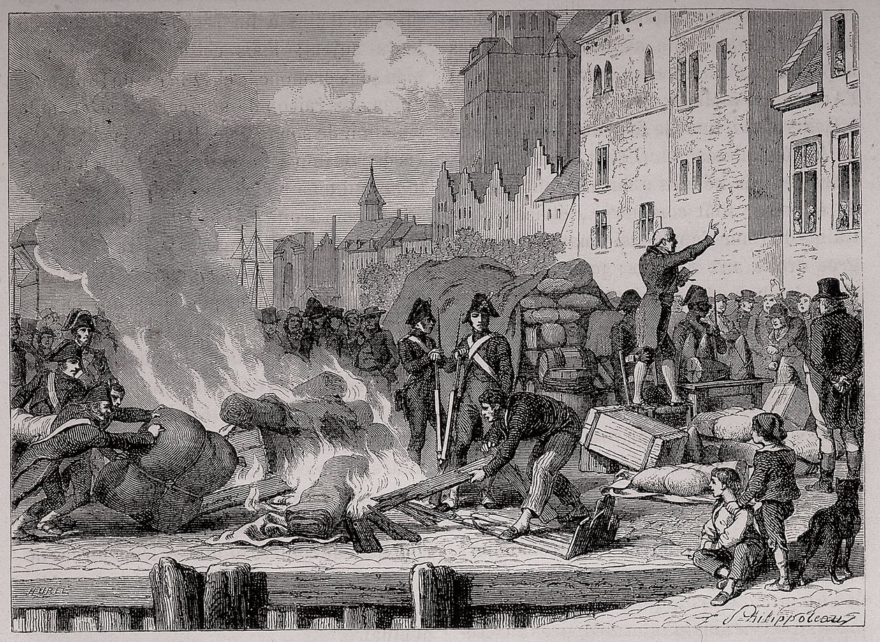 Marchandises anglaises vendues ou brûlées à cause du blocus continental imposé à la Grande-Bretagne par Napoléon - French School